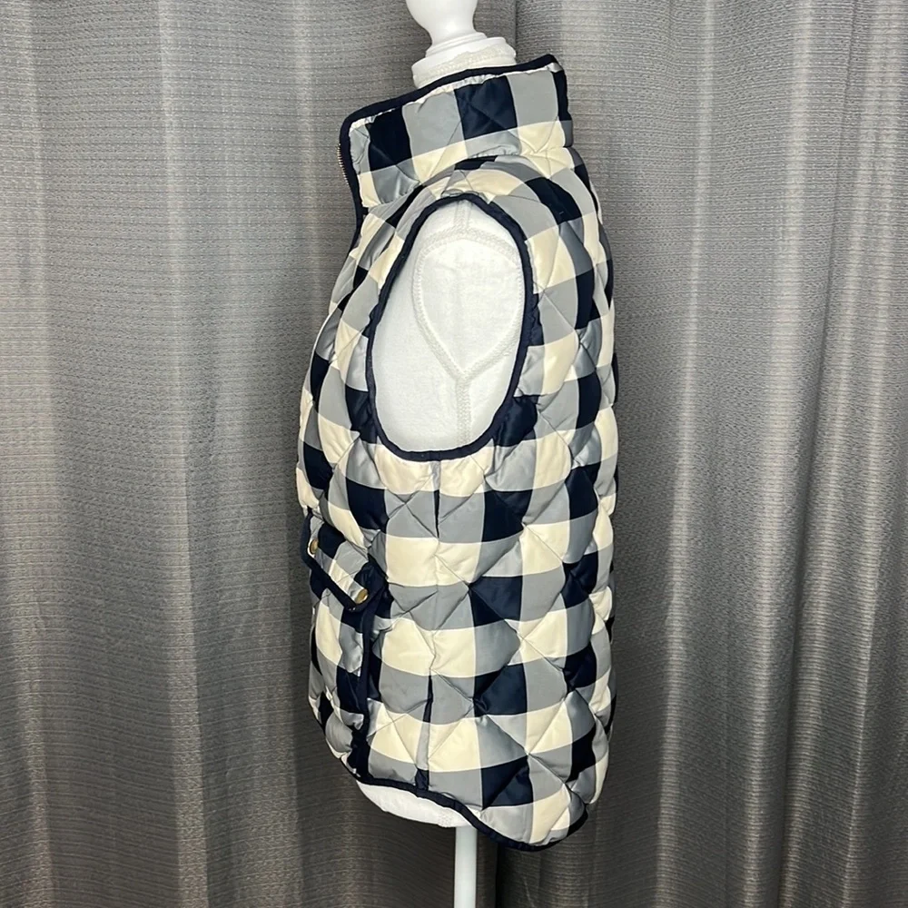 J. CREW SMALL BLUE AND CREAM PLAID DOWN PUFFER VEST